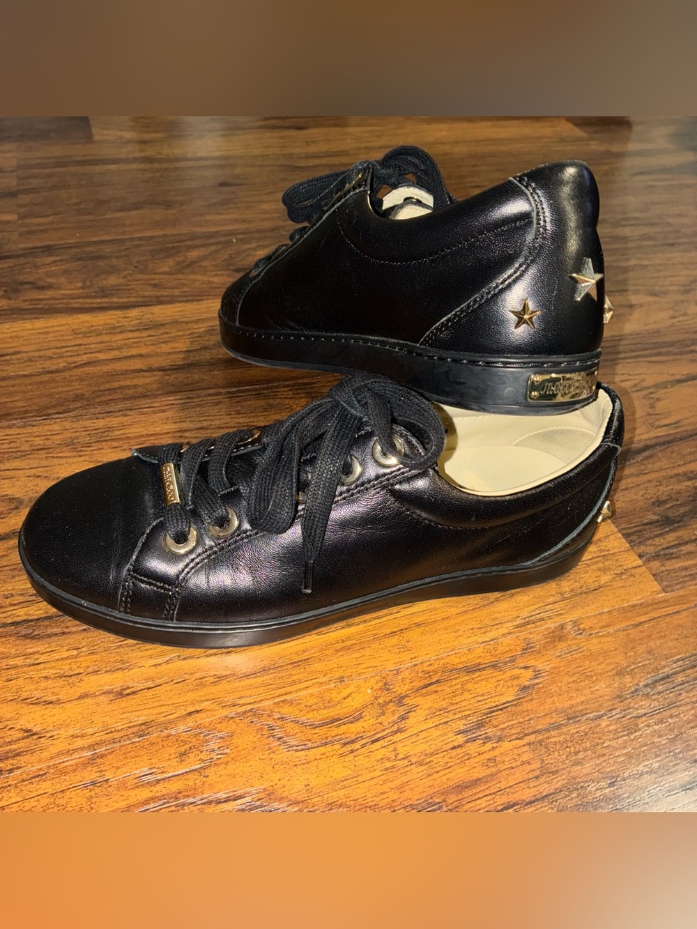 Jimmy Choo EU 37 US 7 Black Leather Gold Star Lace Up Sneakers Shoes Preppy